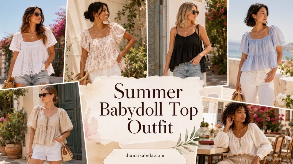 Editorial collage of different women wearing summer babydoll top outfits with shorts, jeans, and linen bottoms
