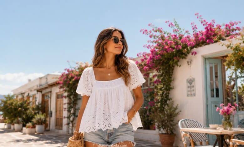 Woman wearing a white eyelet babydoll top with denim shorts in a bright summer street outfit