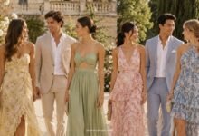 Stylish young wedding guests in summer dresses and light suits at an elegant garden wedding estate with flowers and warm sunlight