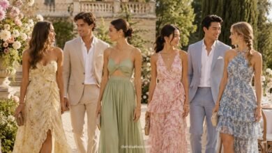 Stylish young wedding guests in summer dresses and light suits at an elegant garden wedding estate with flowers and warm sunlight
