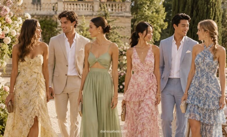 Stylish young wedding guests in summer dresses and light suits at an elegant garden wedding estate with flowers and warm sunlight