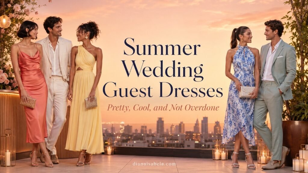 Summer Wedding Guest Dresses That Feel Pretty, Cool, and Not Overdone 2 Summer wedding guest dresses banner with stylish young guests in colorful dresses and light suits on a sunset rooftop wedding terrace