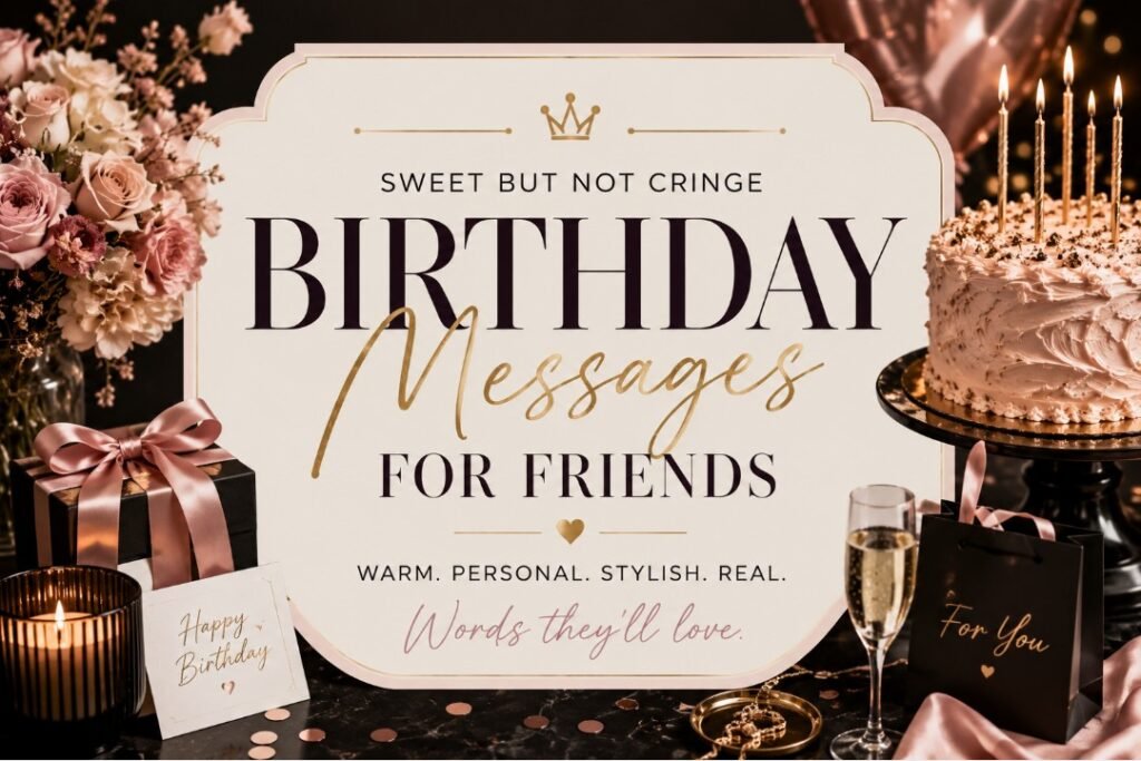 Luxury birthday messages for friends banner with centered title text, cake, flowers, gift bag, candle, and elegant dark celebration mood