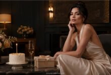 Elegant woman at a luxury birthday celebration with cake, candle, flowers, gift box, and dark fashion magazine mood
