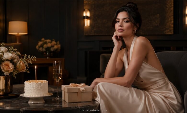 Elegant woman at a luxury birthday celebration with cake, candle, flowers, gift box, and dark fashion magazine mood
