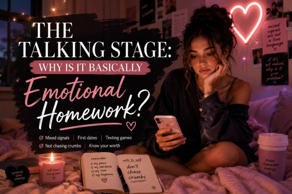 The Talking Stage: Why Is It Basically Emotional Homework? 2 Talking stage emotional homework cover with young woman holding phone in moody bedroom, mixed signals notes, neon heart, journal, candle, and texting stress mood