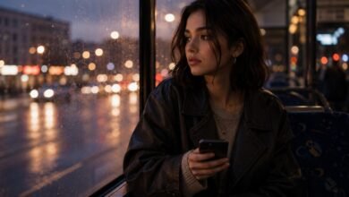 Young woman on an evening city bus holding her phone, with rainy window reflections and a thoughtful talking stage mood