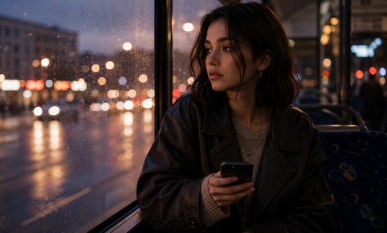 Young woman on an evening city bus holding her phone, with rainy window reflections and a thoughtful talking stage mood