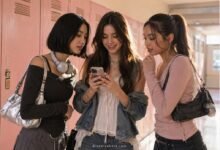 The Brands Teens Actually Talk About After School 7 Three stylish teen girls looking at a phone in a school hallway with pink lockers, trendy bags, headphones, denim layers, and babydoll top styling