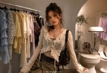 Stylish girl in an indie fashion boutique with curated small-brand clothing for a TikTok famous fashion brands article