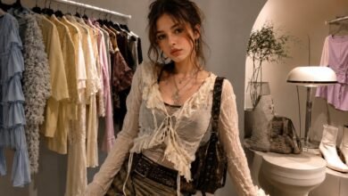 Stylish girl in an indie fashion boutique with curated small-brand clothing for a TikTok famous fashion brands article