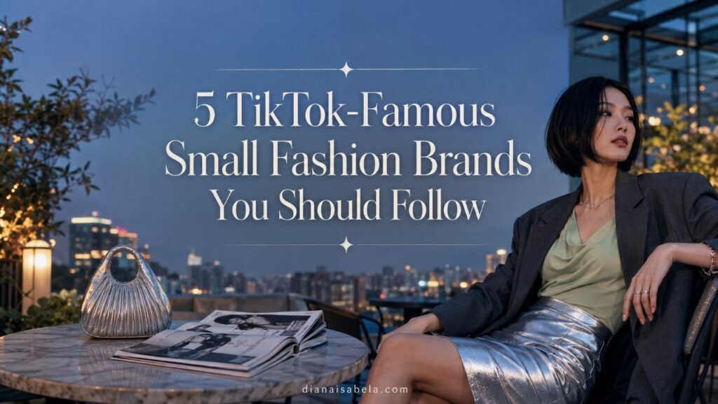 Stylish rooftop fashion banner with a young woman and title text for TikTok famous small fashion brands