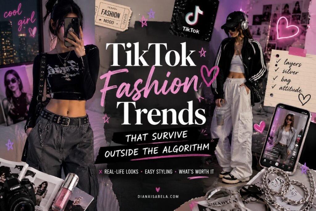 TikTok Trends That Survive Outside the Algorithm 2 TikTok fashion trends editorial cover with Acubi-inspired outfits, sporty layers, silver accessories, phone video, and real-life styling notes
