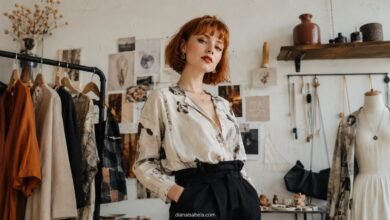 Stylish young woman with red bob haircut in an indie fashion atelier, wearing unique printed blouse and tailored black trousers among handmade clothing and moodboard details