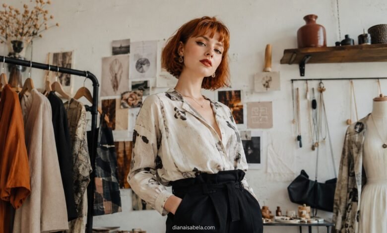 Stylish young woman with red bob haircut in an indie fashion atelier, wearing unique printed blouse and tailored black trousers among handmade clothing and moodboard details