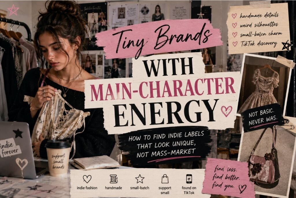 Tiny Brands With Main-Character Energy 2 Tiny brands cover with young fashion designer holding handmade garment, indie studio moodboard, small-batch fashion details