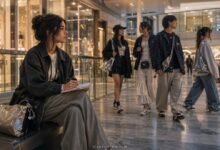 Stylish teen girl taking fashion notes in a modern mall while spotting real teen outfits before they become trends