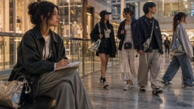 Stylish teen girl taking fashion notes in a modern mall while spotting real teen outfits before they become trends