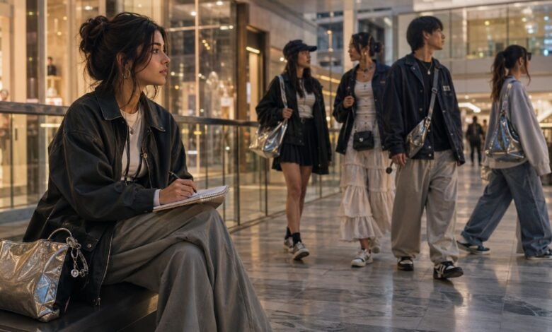 Stylish teen girl taking fashion notes in a modern mall while spotting real teen outfits before they become trends