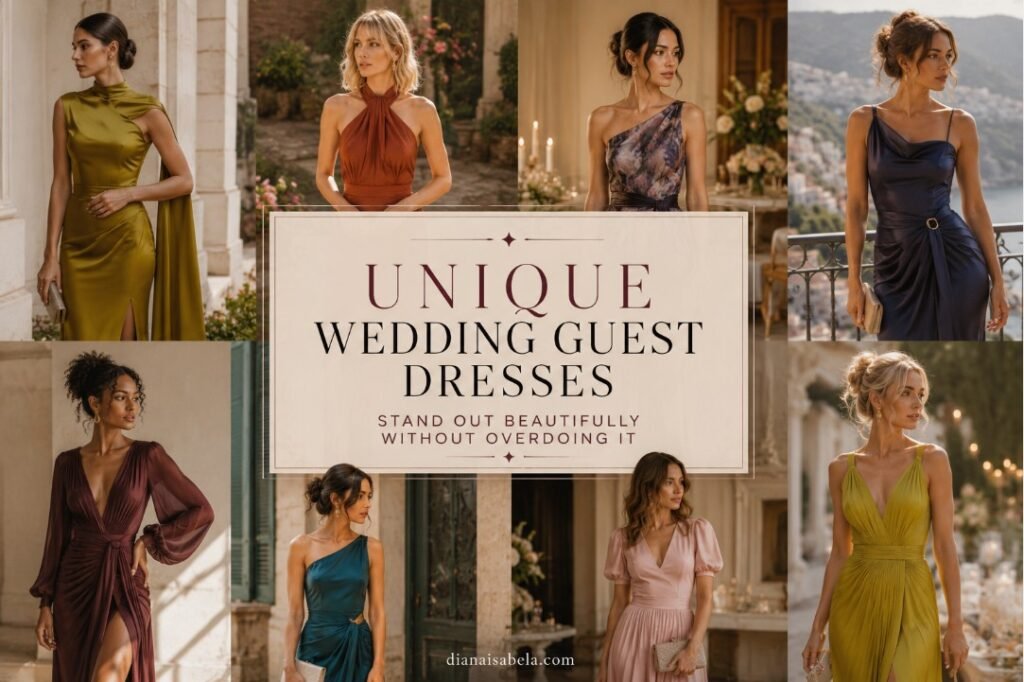 Unique wedding guest dresses styled with bold colors, elegant silhouettes, and polished standout details