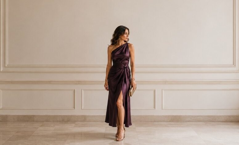 Unique wedding guest dress in plum satin with an elegant one-shoulder silhouette and polished styling