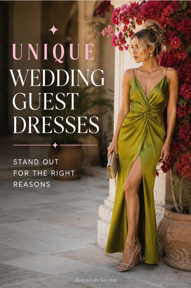Unique wedding guest dress idea with bold color, polished accessories, and elegant standout styling