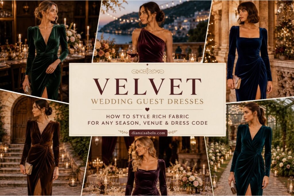 Velvet wedding guest dresses styled in emerald, burgundy, navy, chocolate, and deep jewel tones for elegant evening celebrations