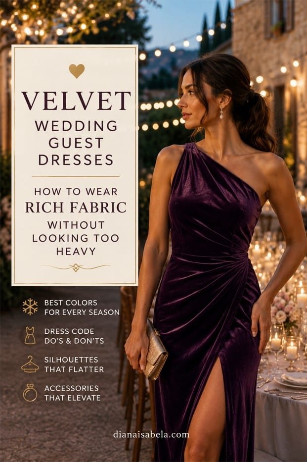 Velvet wedding guest dresses styled in deep plum with polished accessories for elegant evening celebrations