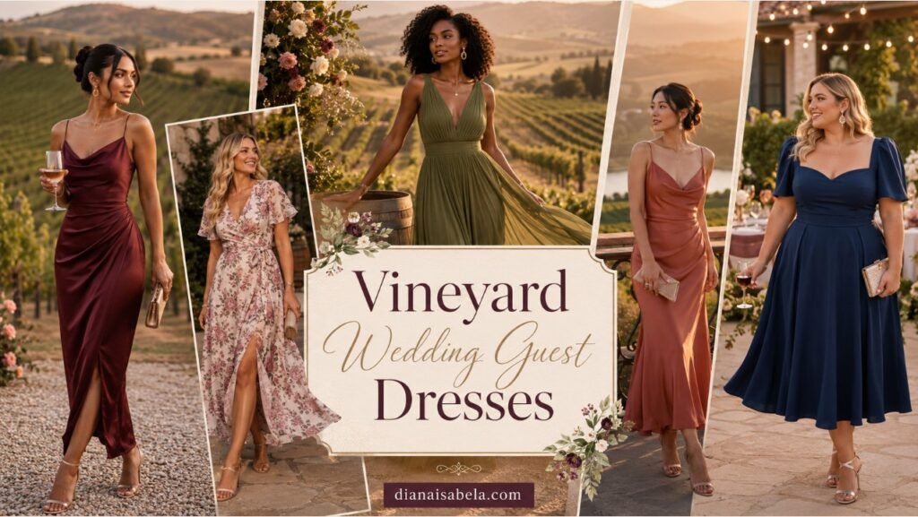 Vineyard wedding guest dresses collage with different women in burgundy satin, floral wrap, olive chiffon, terracotta slip, and navy midi dresses at wine country wedding venues