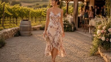 Woman wearing a floral wrap dress as a vineyard wedding guest on a gravel path at golden hour