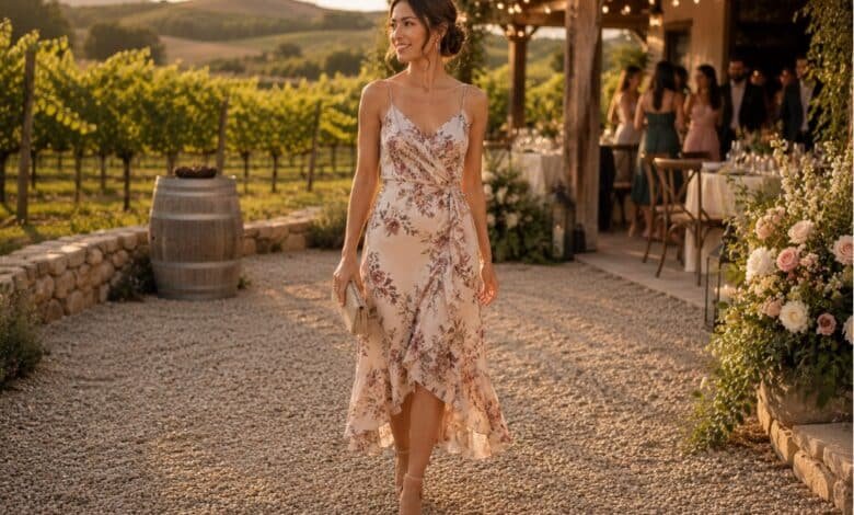 Vineyard wedding guest dress idea with elegant florals, warm color, and refined wine-country styling