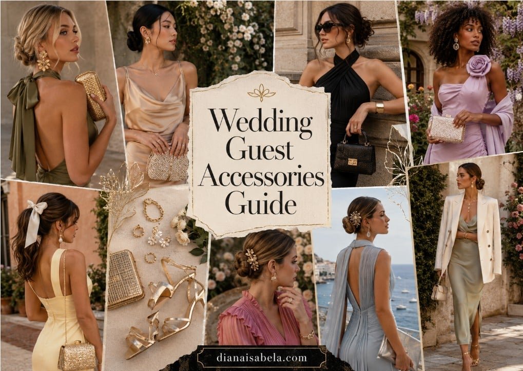Wedding guest accessories guide collage with different women wearing elegant bags, jewelry, shoes, hair accessories, and wedding guest styling details