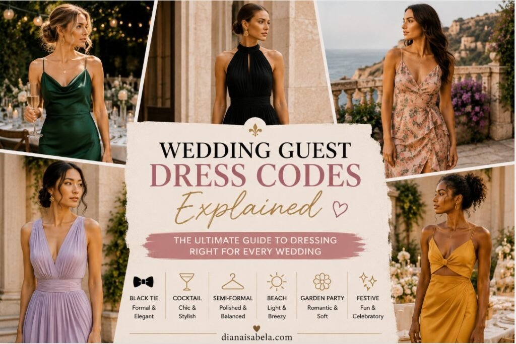 Wedding Guest Dress Codes Explained 2 Wedding guest dress code guide with stylish outfit ideas for black tie, cocktail, semi-formal, beach, garden party, and festive wedding attire