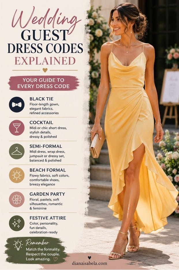 Wedding Guest Dress Codes Explained 3 Pinterest wedding guest dress code guide with outfit ideas for black tie, cocktail, semi-formal, beach formal, garden party, and festive attire