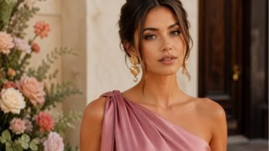 Woman in a dusty rose one-shoulder satin dress looking at the camera with gold earrings for wedding guest color styling