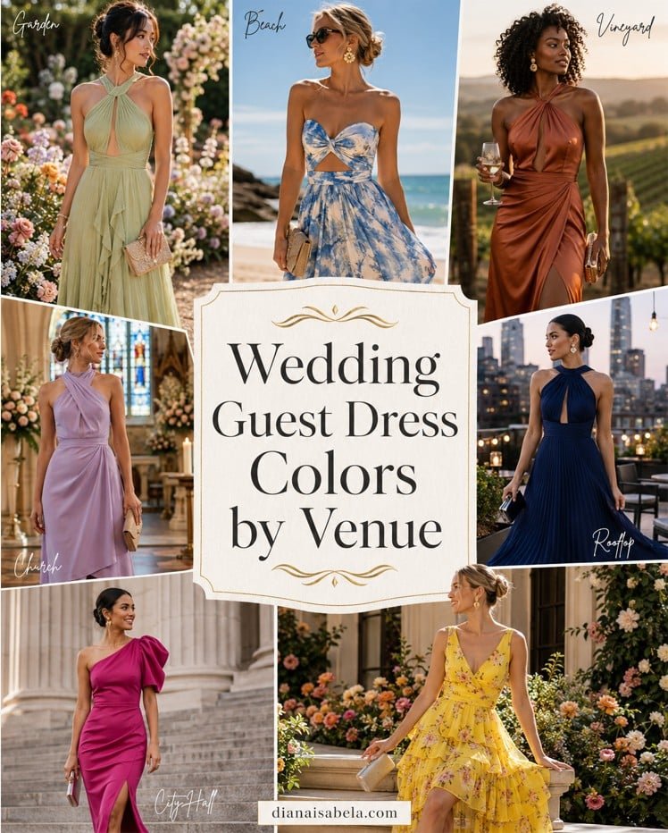 Wedding guest dress colors by venue collage with different women wearing colorful dresses for garden, beach, church, vineyard, rooftop, and city hall weddings