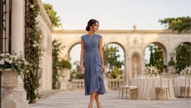 Woman wearing a blue midi wedding guest dress in an elegant courtyard with formal reception tables