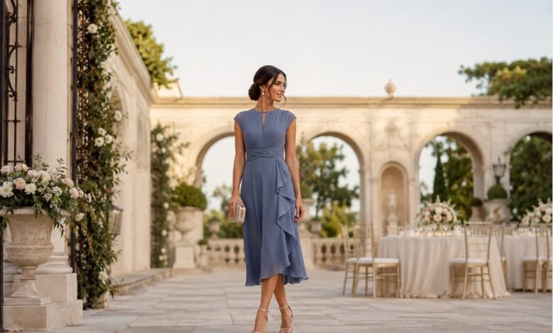 Woman wearing a blue midi wedding guest dress in an elegant courtyard with formal reception tables