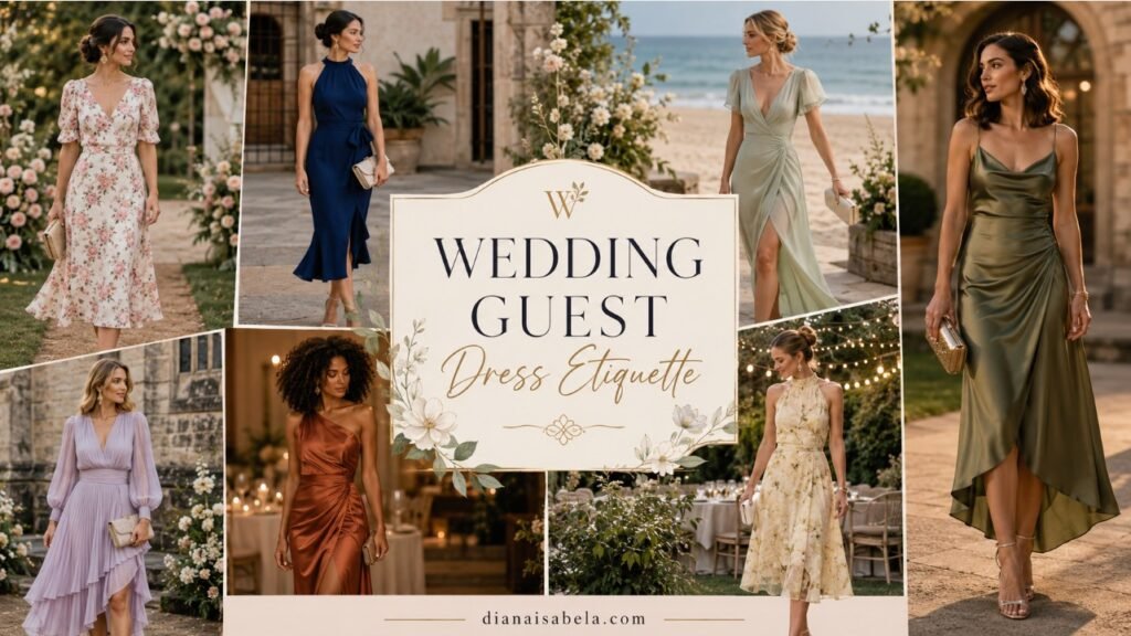 Collage banner for wedding guest dress etiquette, featuring diverse women in elegant wedding guest dresses with different colors, silhouettes, hairstyles, and venue styles