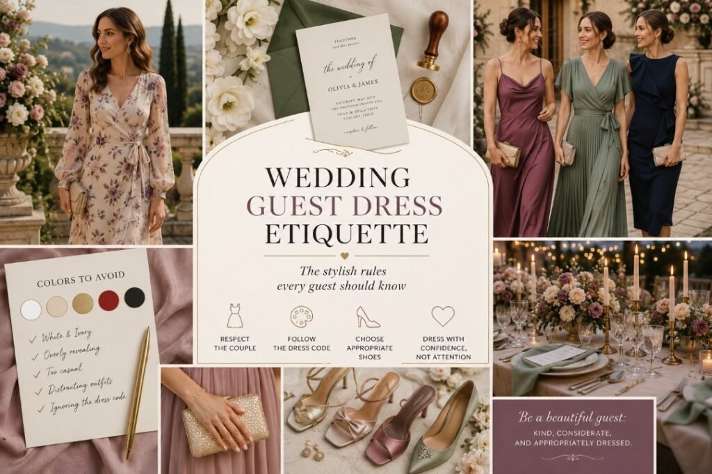 Wedding Guest Dress Etiquette: The Stylish Rules Every Guest Should Know 2 Wedding guest dress etiquette collage banner with elegant guest dresses, invitation, colors to avoid, shoes, clutch, and reception table