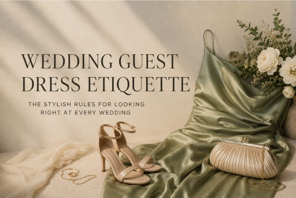 Elegant sage dress with heels, clutch, flowers, and jewelry for wedding guest dress etiquette