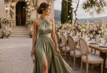 Elegant wedding guest in a sage halter dress at a romantic outdoor wedding reception
