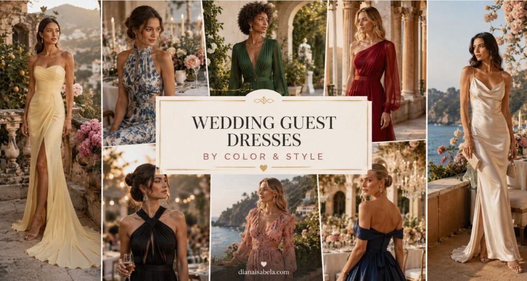 Wedding guest dresses by color and style with black, floral, green, red, satin, blue, and soft romantic outfit ideas
