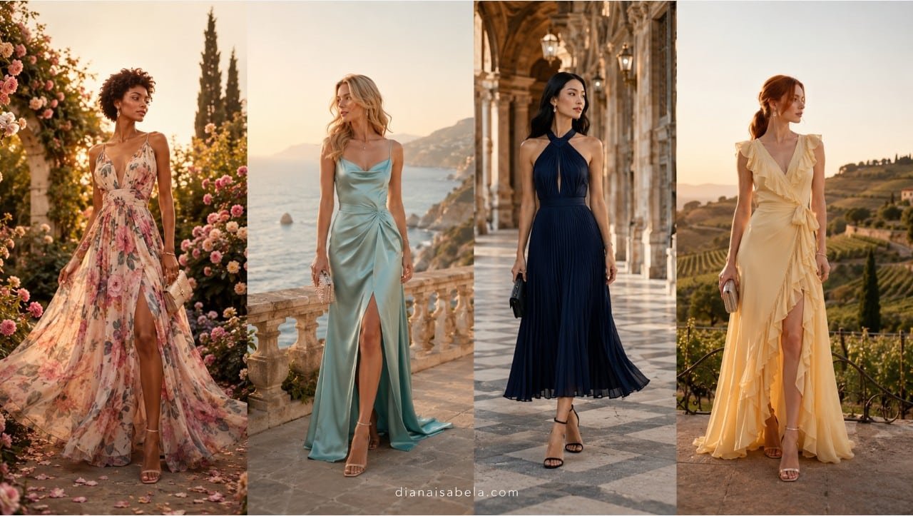 Wedding guest dresses by color and style with elegant black, floral, blue, green, red, satin, and unique outfit ideas