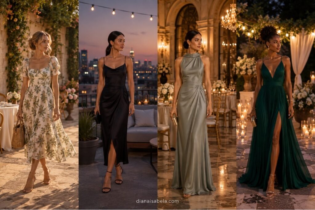 Wedding guest dresses by dress code with dressy casual, cocktail, formal, and black tie optional outfit ideas in elegant wedding settings