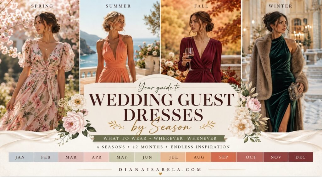 Wedding Guest Dresses by Season: What to Wear Month by Month 18 Wedding guest dresses by season collage with spring floral, summer coral, fall burgundy, and winter emerald guest looks