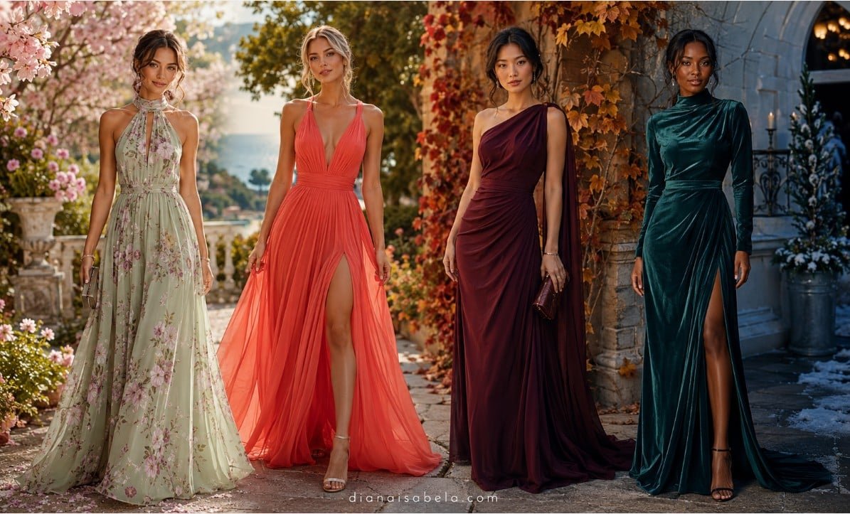 Wedding guest dresses by season with spring, summer, fall, and winter guest looks
