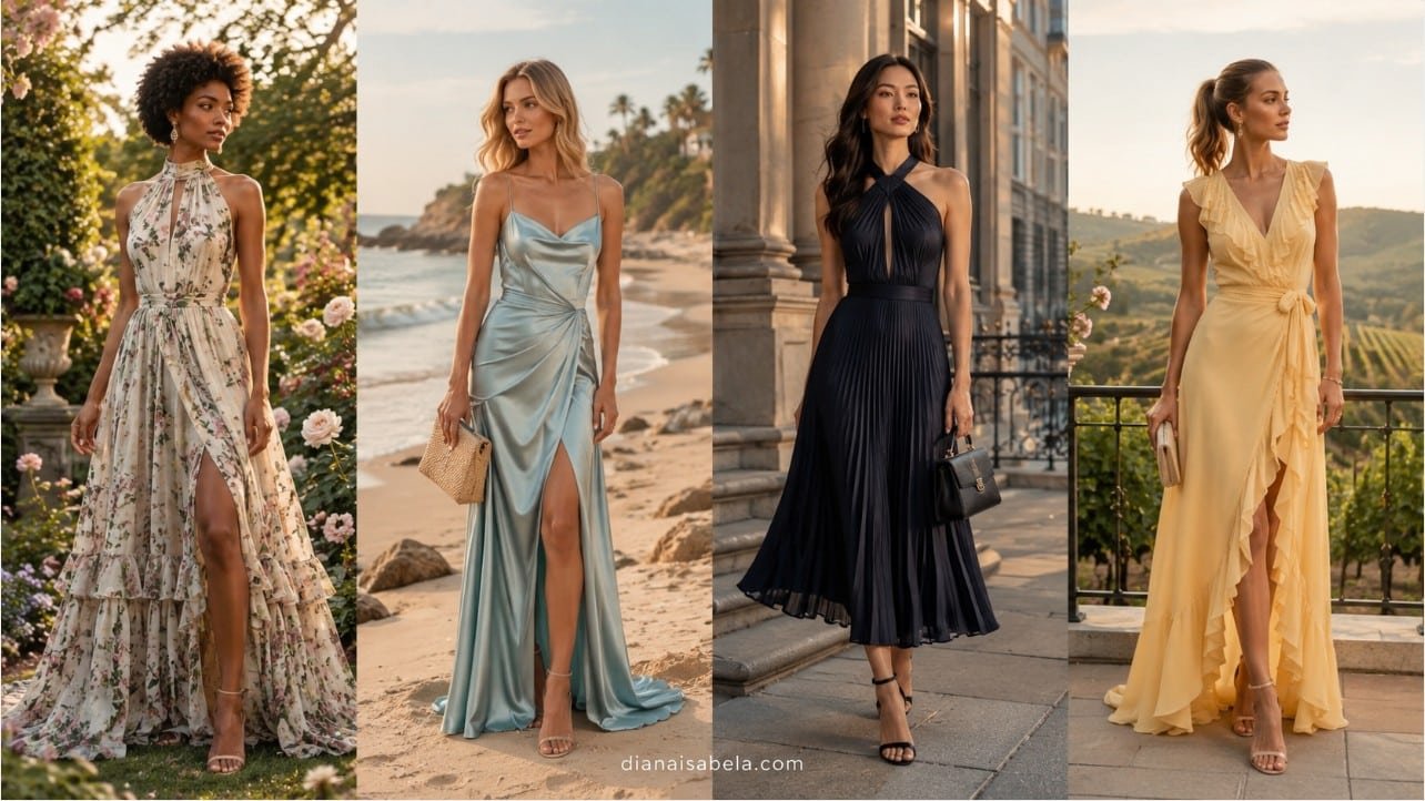 Wedding guest dresses by venue guide with elegant outfit ideas for garden, beach, city hall, and vineyard wedding settings