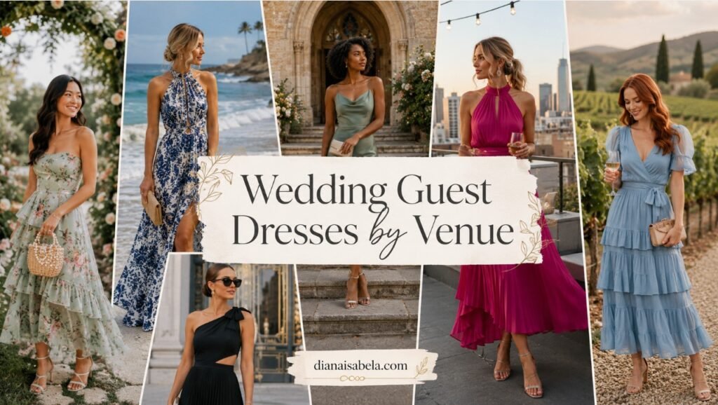 Wedding guest dresses by venue guide with outfit ideas for garden, beach, church, rooftop, city hall, vineyard, and outdoor wedding settings