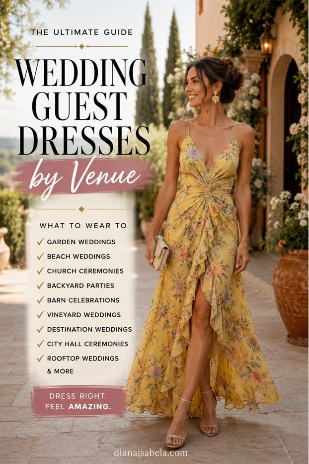 Wedding guest dresses by venue style guide with outfit ideas for garden, beach, church, backyard, barn, vineyard, destination, city hall, and rooftop weddings